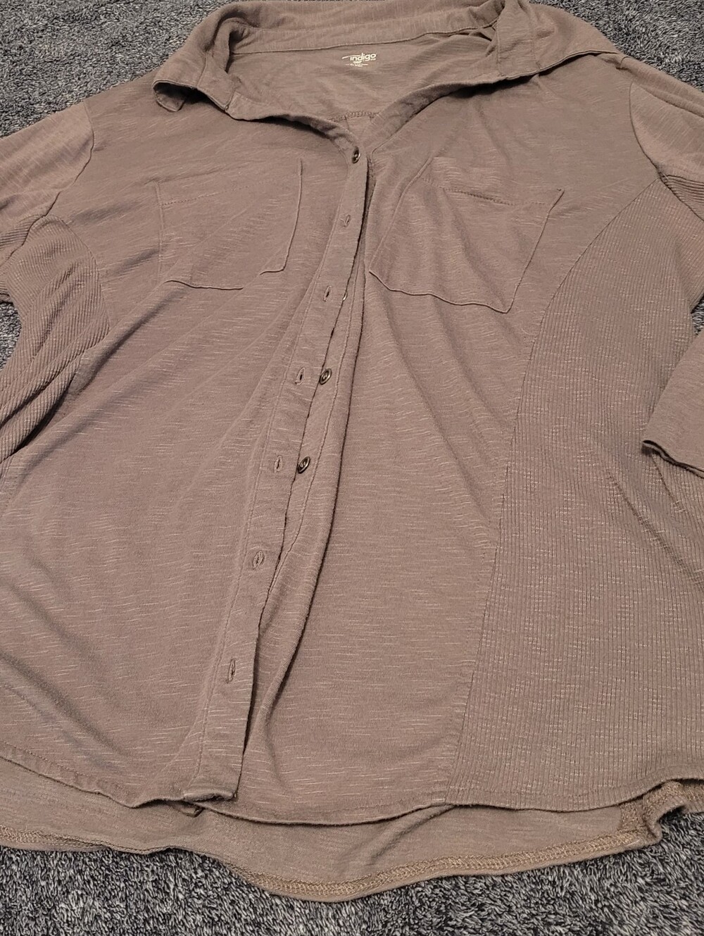 Indigo Women’s 3X Taupe Brown Button Front Tunic Shirt Mixed Texture Pockets